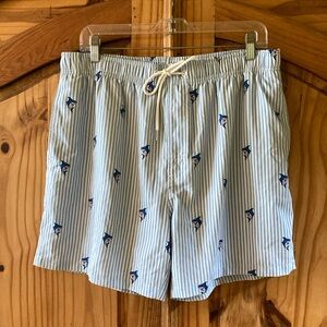 Men’s Qranss blue white sharks swim trunks board shorts compression lined size L